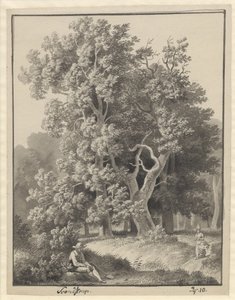 Boslandschap bij Svendstrup met een paar figuren, vooraan een zittende man met een spade