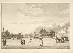 Plein in Kopenhagen met Holmens Kerk, Beurs, de nu verdwenen bank en kanselarijgebouw ("Het Rode Gebouw") door Christoffer Wilhelm Eckersberg