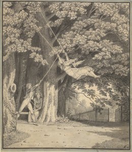 Het Bos bij Skjoldnæsholm met een Jonge Man die een Jong Meisje Zwiert door Christoffer Wilhelm Eckersberg
