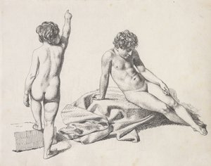 Twee naakte kleine meisjes, de een zittend van voren gezien, de ander staand van achteren gezien