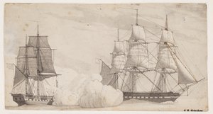 Twee oorlogsschepen in gevecht (de Engelse fregat Shannon en de Amerikaanse fregat Chesapeake?)