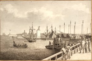 Uitzicht vanaf Langelinie richting Nyholm, rechts de vlootbasis door Christoffer Wilhelm Eckersberg