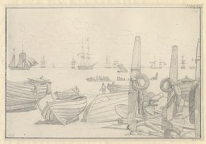 Uitzicht vanaf het strand ten zuiden van Helsingør naar het wachtschip, de brik "Falster" door Christoffer Wilhelm Eckersberg