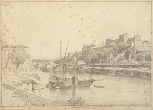Uitzicht over de Tiber bij Porto di Ripa Grande buiten Porta Portese richting Marmorata en de kerken op Monte Aventino, Rome door Christoffer Wilhelm Eckersberg