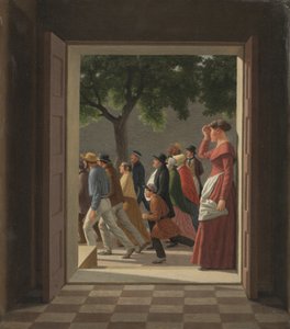 Uitzicht door een deur naar rennende figuren door Christoffer Wilhelm Eckersberg