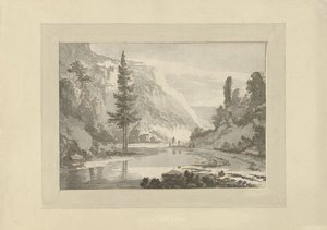 Berglandschap met herders op een rivieroever