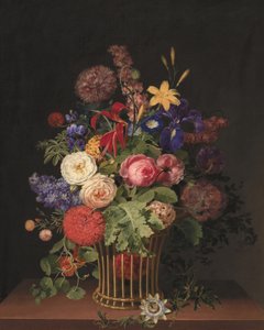 Een lichte rieten mand met bloemen van C. D. Fritzsch door C. D. Fritzsch
