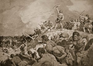 De Slag bij Mons Badonicus, ca. 500 AD, illustratie uit 