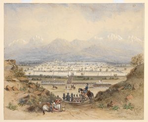 Een generaal die cavalerie en infanterie inspecteert, die op het punt staan een ommuurde stad in bergachtig gebied binnen te gaan, misschien Kandahar (N.W.F.P.). 1843, naar een eerdere schets.