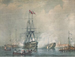 HMS Victory vuurt een koninklijk saluut af in de haven van Portsmouth, uit British Adventure gepubliceerd door Collins, 1947