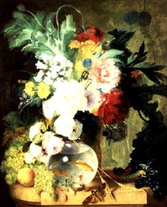 Stilleven met bloemen en vissenkom door C. Kuipers