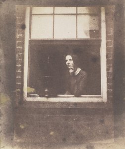 Dame in Open Raam met Vogelkooi, eind 1840s