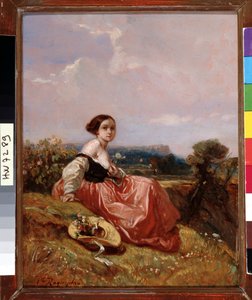 Jong meisje met hoed voor de Sainte-Victoireberg door Camille Joseph Etienne Roqueplan