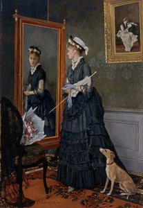 Elegante vrouw die zichzelf in een spiegel bekijkt door Camille Leopold Cabaillot Lasalle
