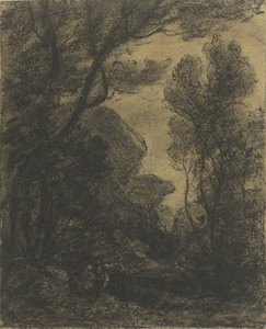Bosgezicht bij avond door Camille Corot