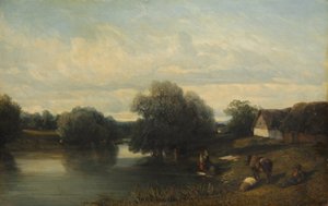 Cottage bij de rivier met wasvrouwen