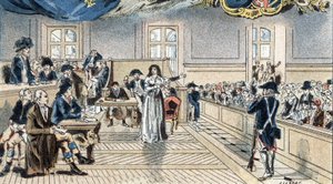 Marie Antoinette, koningin van Frankrijk, voor de rechters tijdens haar proces op 14 oktober 1793 door Camille Gilbert