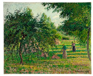 Appelbomen en hooimakers in Eragny, 1895 door Camille Jacob Pissarro