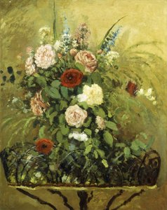 Boeket bloemen met een rustieke houten jardinière, c.1876