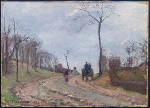 Koets op een landweg, winter, buitenwijken van Louveciennes door Camille Jacob Pissarro