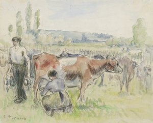 Compositorische studie van een melkscène in Eragny-sur-Epte, 1884 door Camille Jacob Pissarro