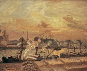 Lossen van hout, kade van de Beurs, zonsondergang door Camille Jacob Pissarro