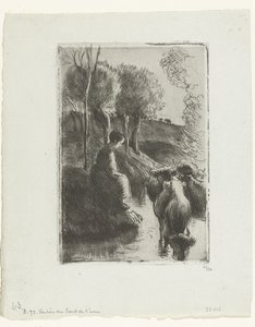 Herderin met koeien bij het water door Camille Jacob Pissarro