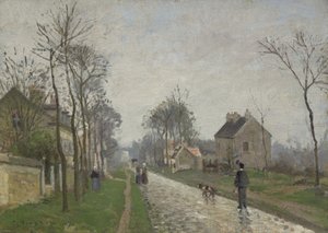Route de Versailles, Louveciennes, regen effect, 1870 door Camille Jacob Pissarro