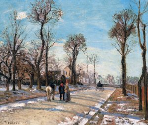 Route de Versailles, Louveciennes, winterzon en sneeuw door Camille Jacob Pissarro