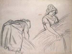 Studie van twee vrouwelijke oogsters, 1882 (zwarte krijt op roze papier met wit) door Camille Jacob Pissarro