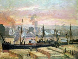 Zonsondergang in Rouen, boten lossen hout, 1896