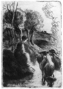 Koeherder naast water, circa 1850-1900, 1924 door Camille Jacob Pissarro