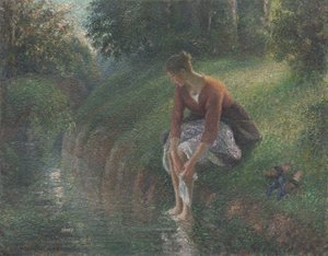 Vrouw die haar voeten baadt in een beek door Camille Jacob Pissarro
