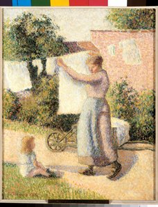 Vrouw die linnen strekt Schilderij door Camille Pissarro (1830-1903) 1887. Parijs, Musée d
