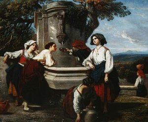 Ossaloise vrouwen bij de fontein door Camille Joseph Etienne Roqueplan