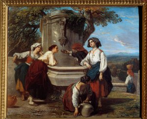 Ossaloises bij de fontein. Boeren uit de Ossau-vallei ontmoeten elkaar om te praten bij de fontein. Schilderij door Camille Roqueplan (1803-1855)