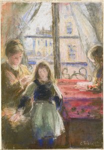 Bij het raam, Rue des Trois Frères door Camille Pissarro
