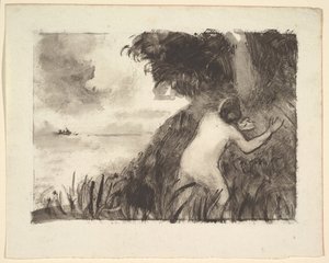 Bader staand tussen het gras aan de oever door Camille Jacob Pissarro