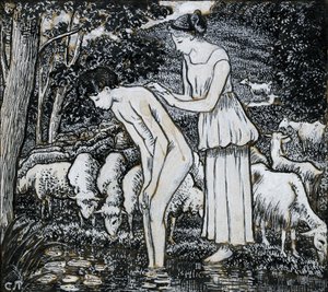Chloë wast Daphnis bij een stroom, compositiestudie voor een illustratie, ca. 1895 door Camille Pissarro