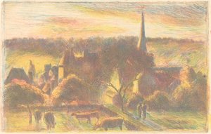 Kerk en Boerderij in Éragny door Camille Pissarro