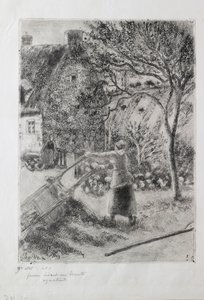Vrouw die een kruiwagen leegt, 1880 door Camille Pissarro