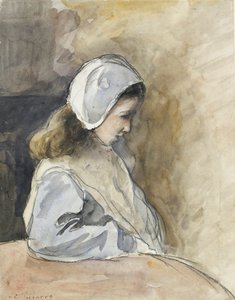 Jeanne-Rachel Pissarro zittend aan een tafel door Camille Pissarro