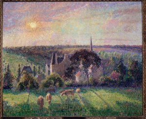 Landschap in Eragny, kerk en boerderij door Camille Jacob Pissarro
