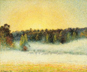 Mistige zonsondergang bij Eragny door Camille Jacob Pissarro