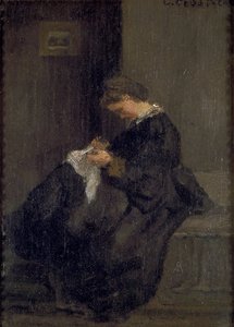 Mme Pissarro naait, c1860 door Camille Pissarro