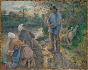 Herder en wasvrouwen (schilderij op doek) door Camille Pissarro