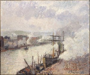 Stoomboten in de haven van Rouen door Camille Pissarro