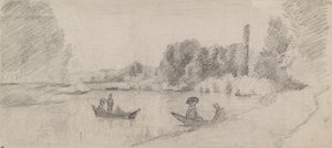 Studie van een rivierlandschap met boten door Camille Pissarro