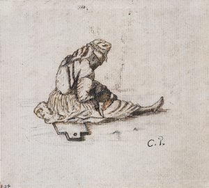 Studie van een zittende vrouwelijke figuur die naait, 1852 door Camille Pissarro