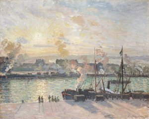 Zonsondergang, de haven van Rouen, stoomschepen, 1898 door Camille Pissarro